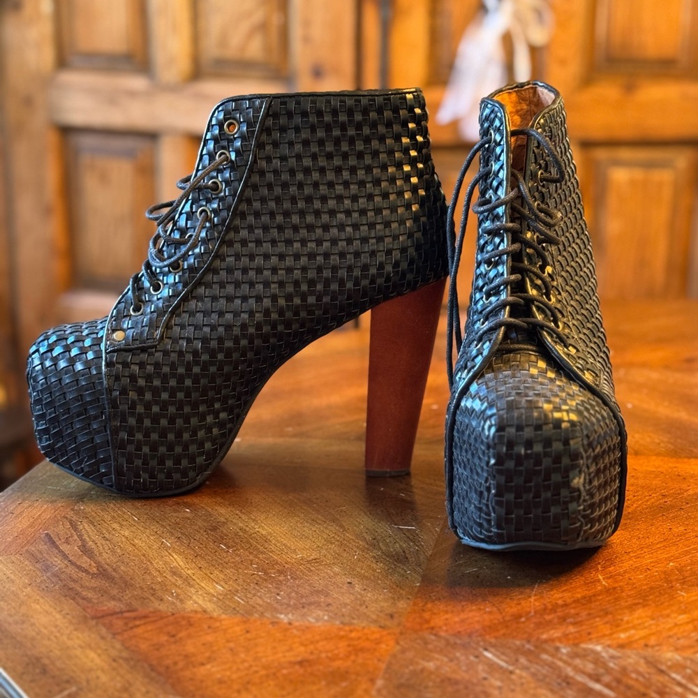 Jeffrey Campbell Lita Black Woven Heeled Boots